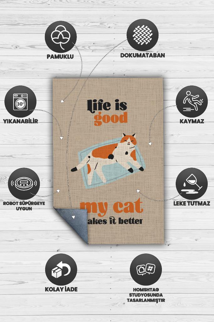 Hayat Kedimle Güzel Bej Turuncu Halı Kedi Figürlü Salon Halısı Modern Genç Odası Halısı