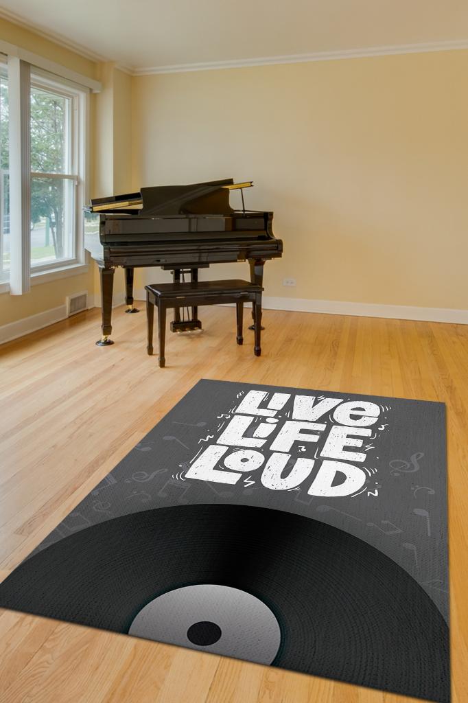 Hayatı Sesli Yaşa Gri Siyah Koyu Renkli Halı Art Müzik Halı Müzisyene Hediye Halı