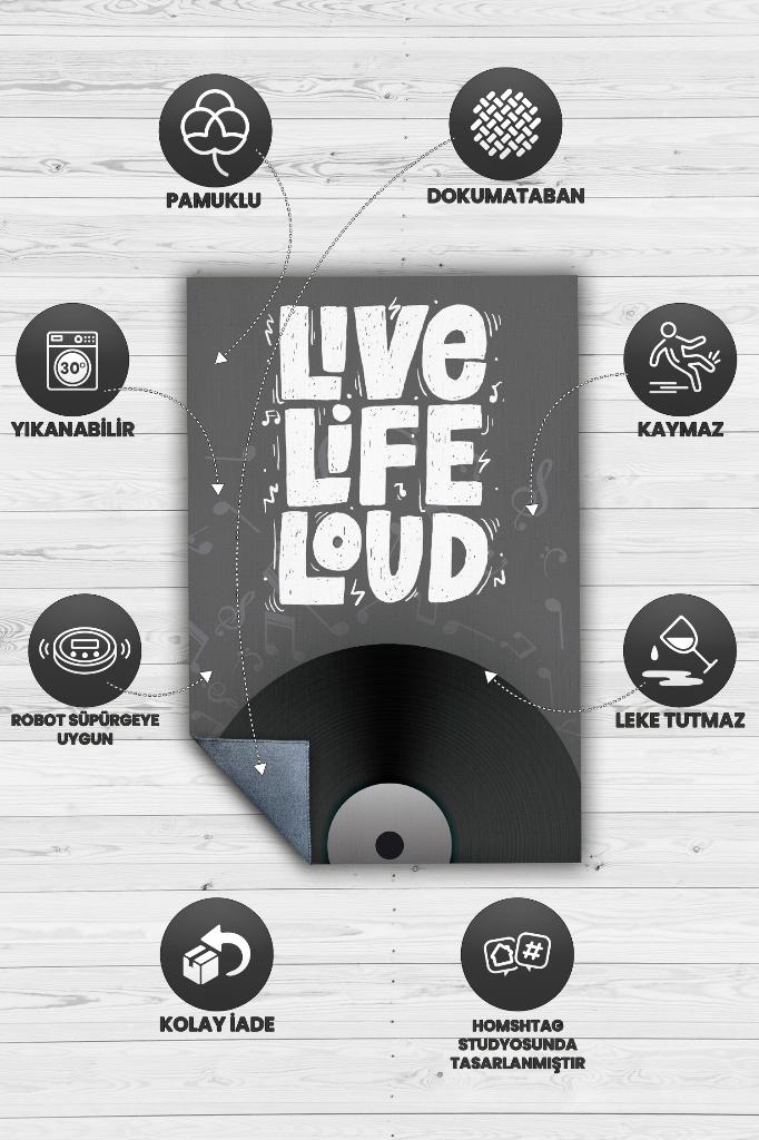 Hayatı Sesli Yaşa Gri Siyah Koyu Renkli Halı Art Müzik Halı Müzisyene Hediye Halı