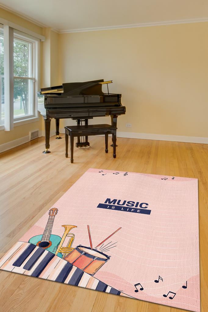 Hayatım Müzik Art Müzik Halısı Müzik Sever Halısı Enstrüman Figürlü Renkli Modern Halı