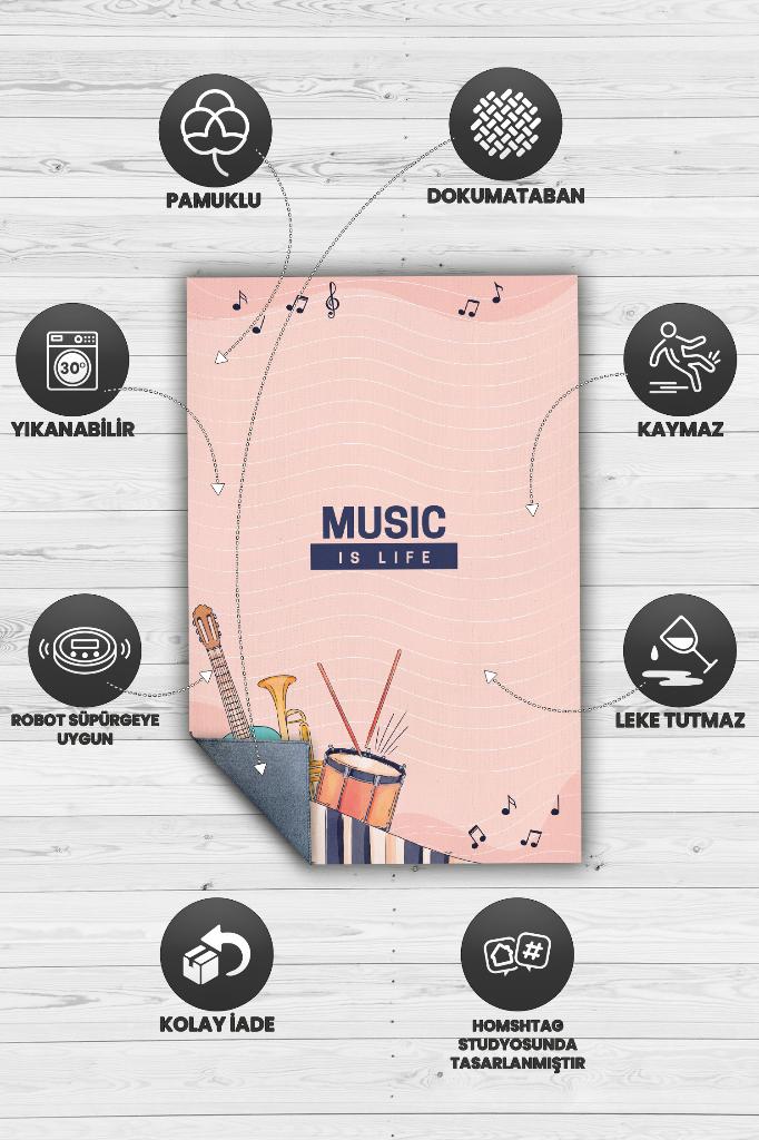 Hayatım Müzik Art Müzik Halısı Müzik Sever Halısı Enstrüman Figürlü Renkli Modern Halı