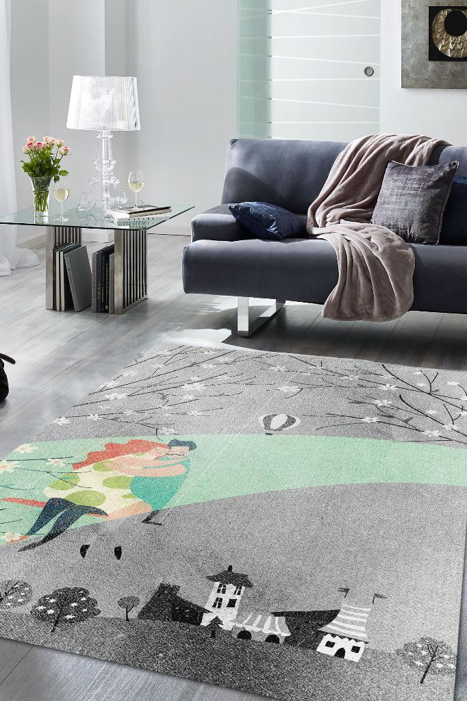 Hayatımın Rengi Sevgi Halısı Gri Renk Hediyelik Sevgiliye Özel Halı Figürlü Aşk Temalı Halı