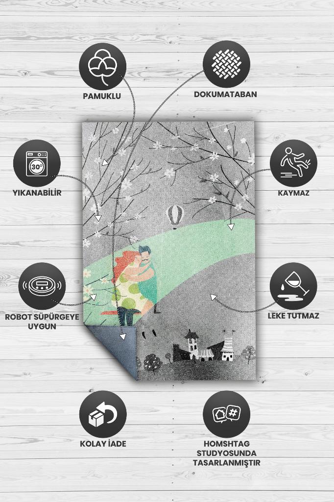 Hayatımın Rengi Sevgi Halısı Gri Renk Hediyelik Sevgiliye Özel Halı Figürlü Aşk Temalı Halı