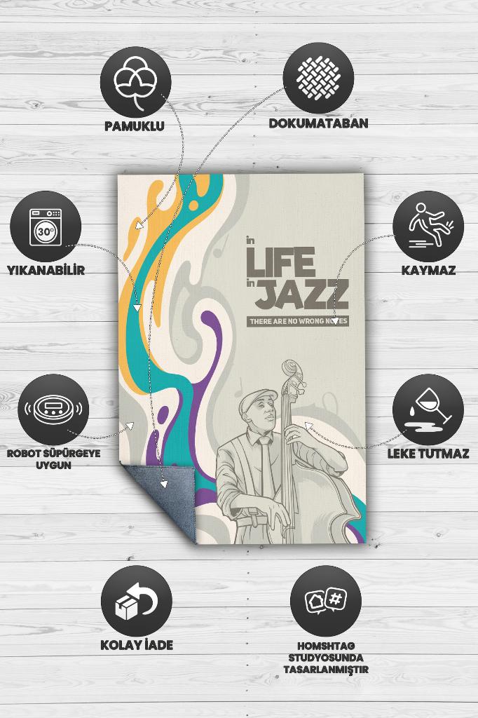 Hayatta ve Cazda Yanlış Nota Yok Çok Renkli Müzik Halısı Caz Sever Halı Müzisyene Hediye