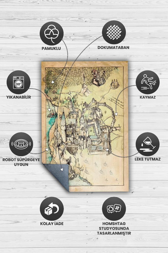 Hogwarts Haritası Bej Renk Harry Potter Halısı Çocuk Odası Halısı Bohem Tarzlı Film Halısı