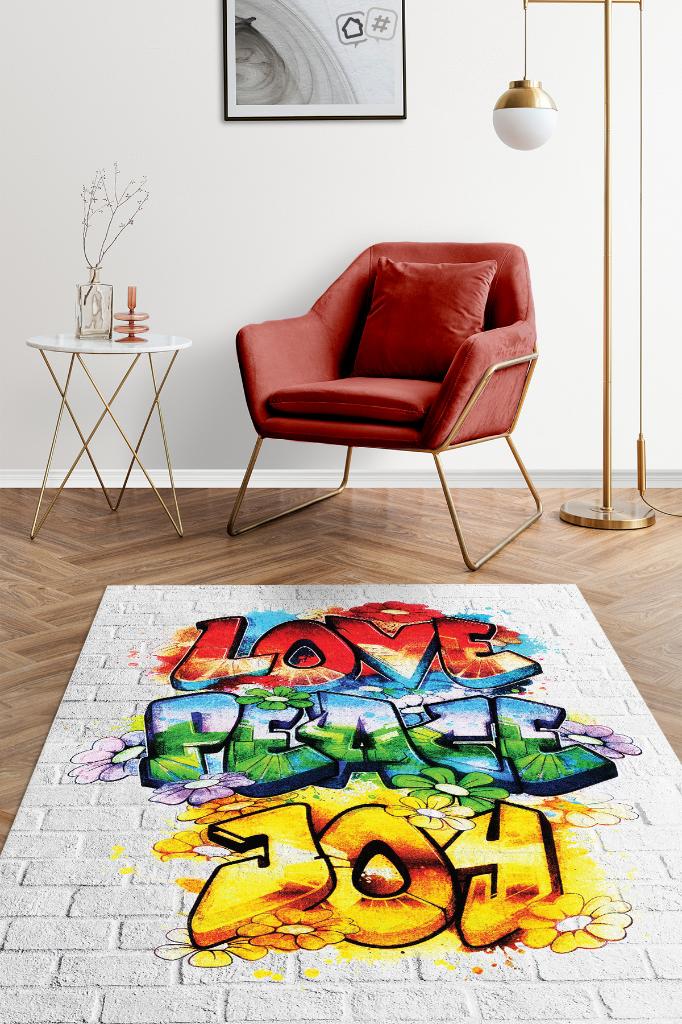 Huzur ve Keyif Çok Renkli Genç Odası Halısı Dokuma Tabanlı Dekoratif Graffiti Halısı
