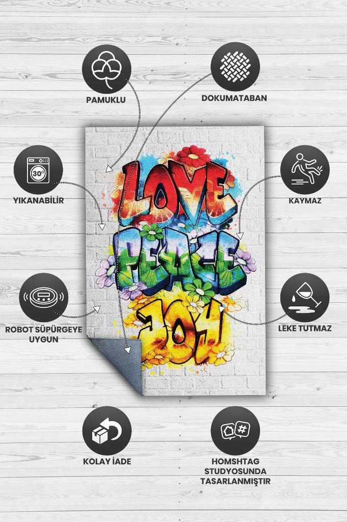 Huzur ve Keyif Çok Renkli Genç Odası Halısı Dokuma Tabanlı Dekoratif Graffiti Halısı