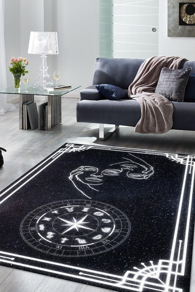 İkizler Burcu Astroloji Temalı Halı Burç Halısı İkizler Burcuna Hediye Halı Siyah Renk Halı