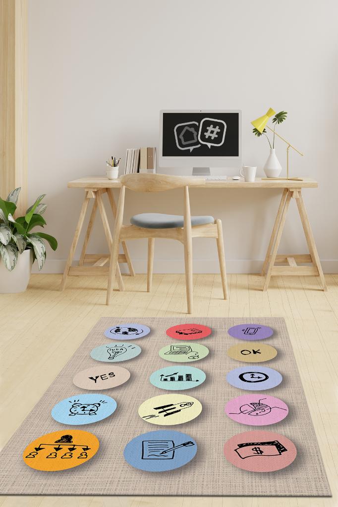 İş Dünyam Renkli Salon Halısı Bej Ofis Halısı Pamuklu Dokuma Tabanlı Yıkanabilir Home Office Halısı