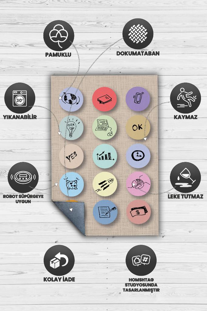 İş Dünyam Renkli Salon Halısı Bej Ofis Halısı Pamuklu Dokuma Tabanlı Yıkanabilir Home Office Halısı