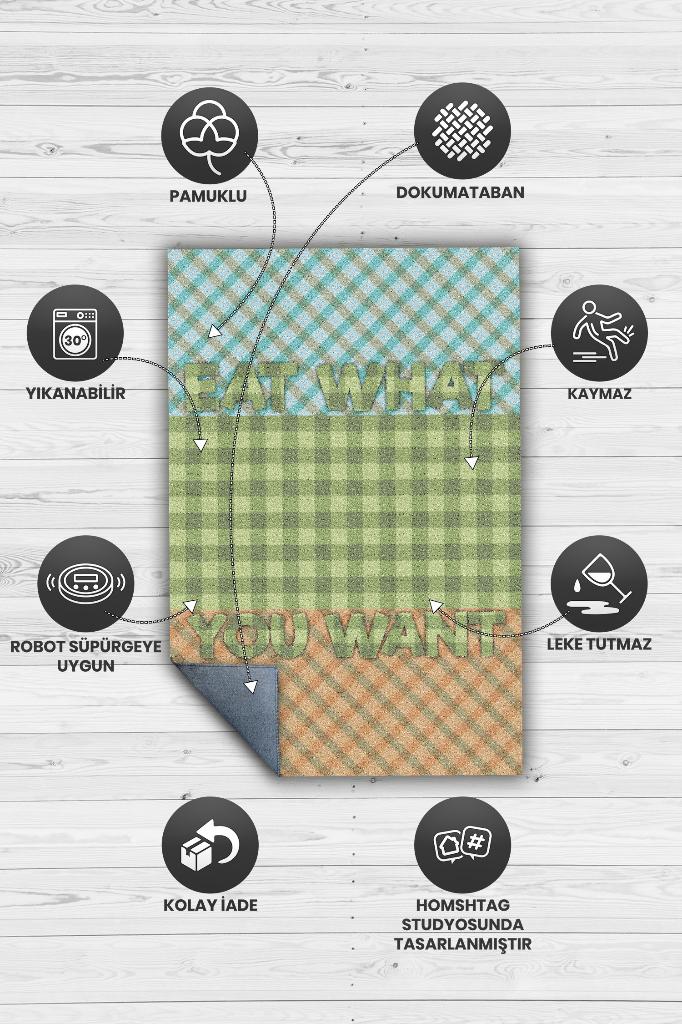 İstediğini Ye Çok Renkli Mutfak Halısı Yazılı Dekoratif Halı Geometrik Mutfak Temalı Halısı