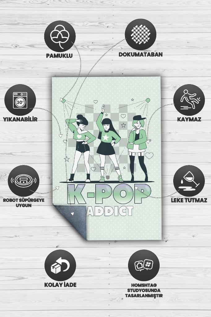 K-pop Bağımlısı Yeşil Renkli Puantiyeli Kpop Halısı Modern Müzik Sever Genç Odası Halısı