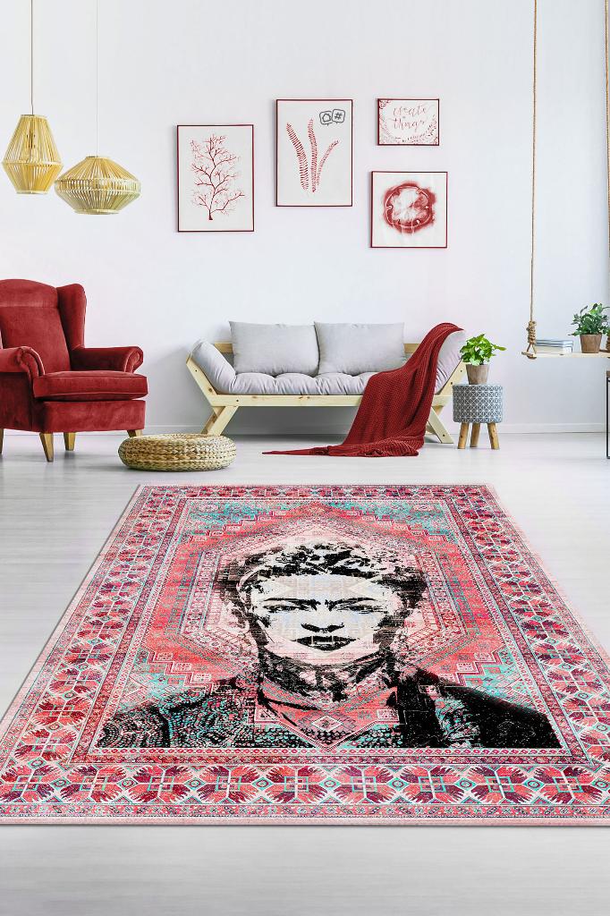 Kahlo Sanat Sever Halısı Çok Renkli Halı Tablo Temalı Halı Sanat Halısı Etnik Desenli Halı