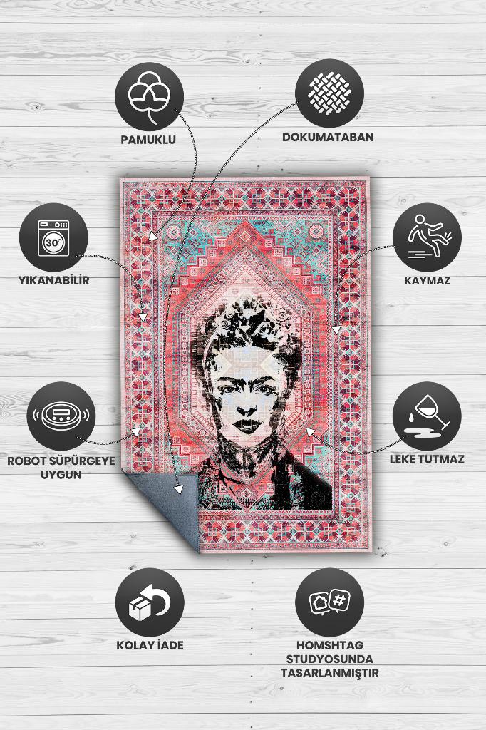 Kahlo Sanat Sever Halısı Çok Renkli Halı Tablo Temalı Halı Sanat Halısı Etnik Desenli Halı