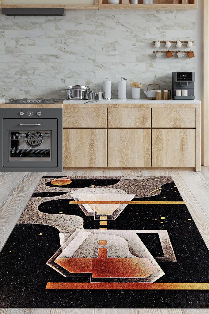 Kahve Evreni Geometrik Kahve Sever Halısı Siyah Renkli Mutfak Halısı Dekoratif Salon Halısı