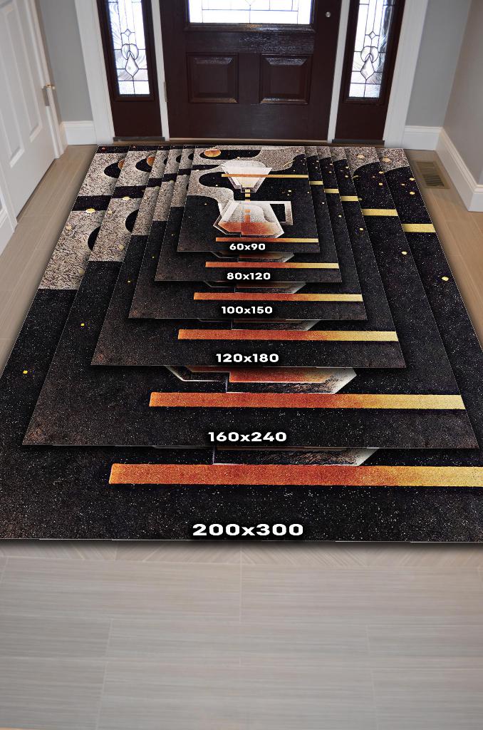 Kahve Evreni Geometrik Kahve Sever Halısı Siyah Renkli Mutfak Halısı Dekoratif Salon Halısı