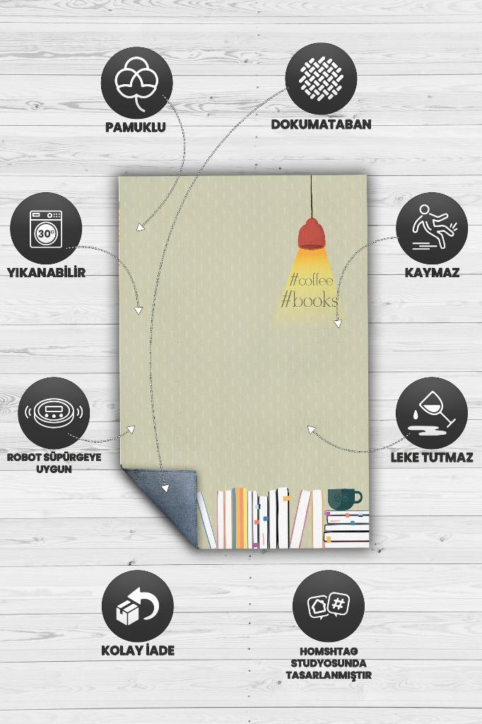 Kahve ve Kitaplar Yeşil Renkli Kitap Sever Halısı Okuma Sever Çalışma Odası Halısı
