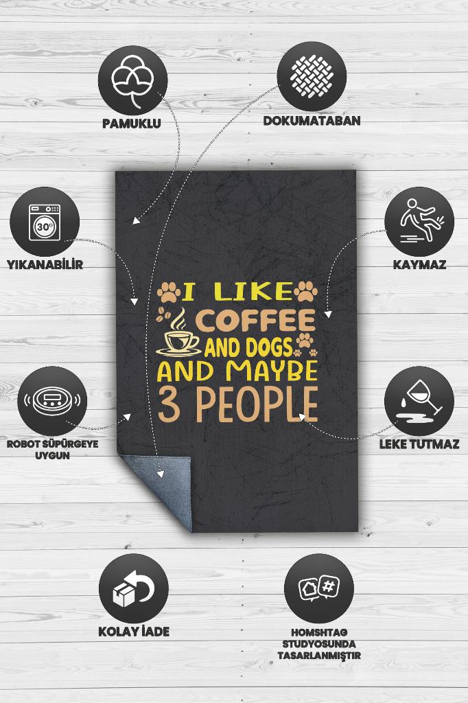 Kahvem ve Köpeğim Siyah Renkli Halı Modern Salon Halısı Köpek Figürlü Oturma Halısı