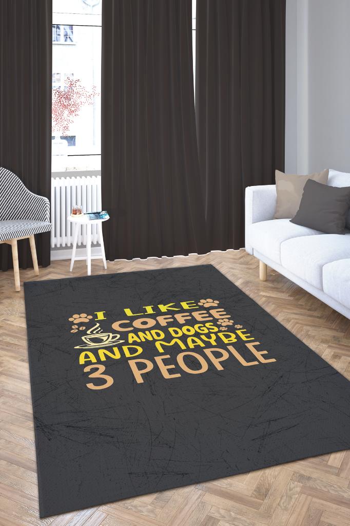 Kahvem ve Köpeğim Siyah Renkli Halı Modern Salon Halısı Köpek Figürlü Oturma Halısı