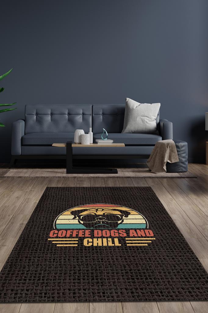 Kahven ve Köpeğinle Rahatla Kahverengi Halı Dekoratif Köpekli Halı Dokulu Salon Halısı