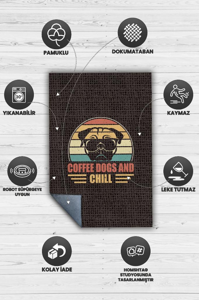 Kahven ve Köpeğinle Rahatla Kahverengi Halı Dekoratif Köpekli Halı Dokulu Salon Halısı