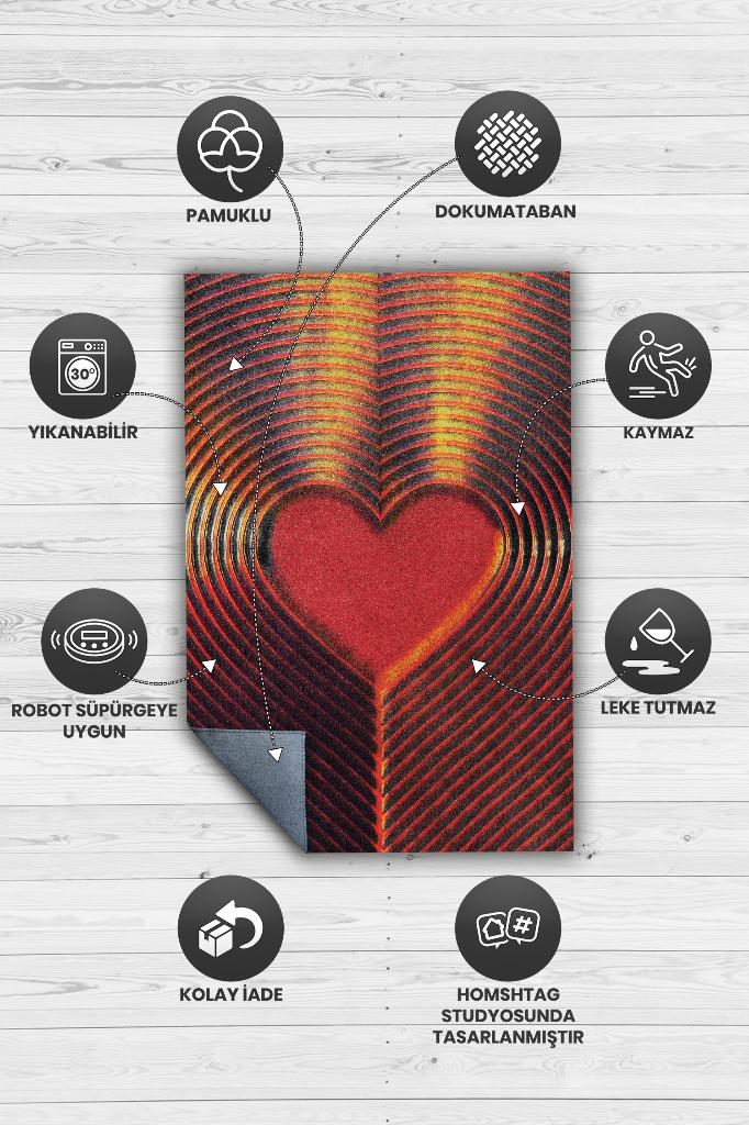 Kalbin Ritmi Kırmızı Renkli Halı Geometrik Salon Halısı Aşk Temalı Oturma Odası Halısı