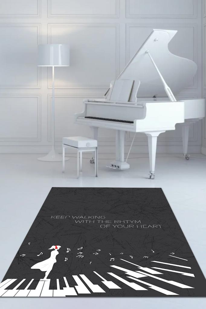 Kalbinin Ritmiyle Yürü Siyah Renkli Müzik Sever Halısı Art Müzik Halısı Piyanist Halısı