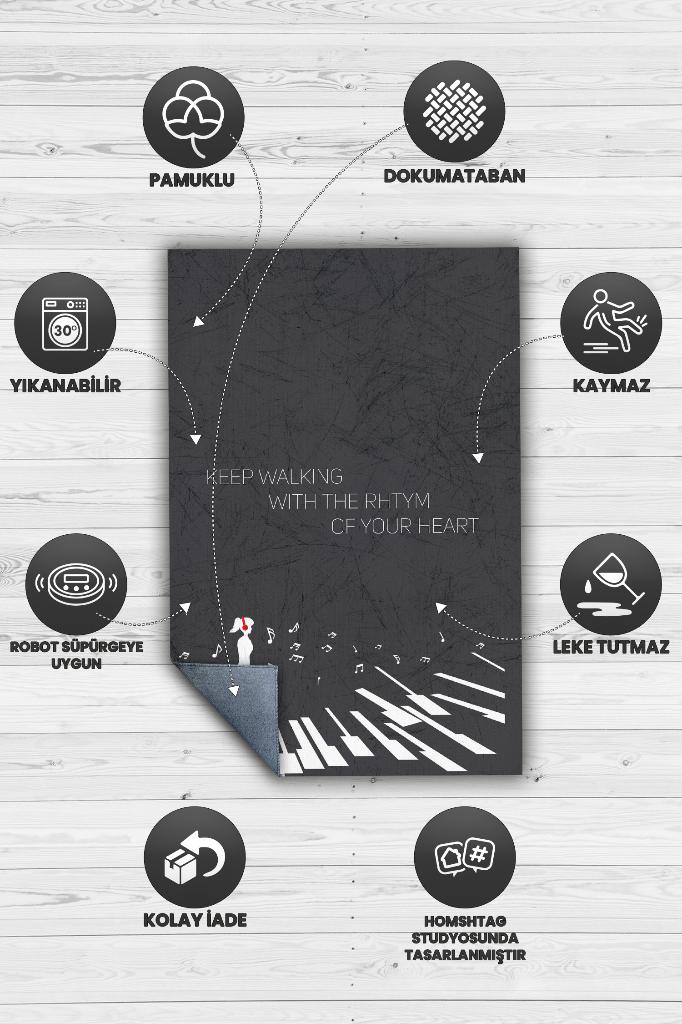 Kalbinin Ritmiyle Yürü Siyah Renkli Müzik Sever Halısı Art Müzik Halısı Piyanist Halısı