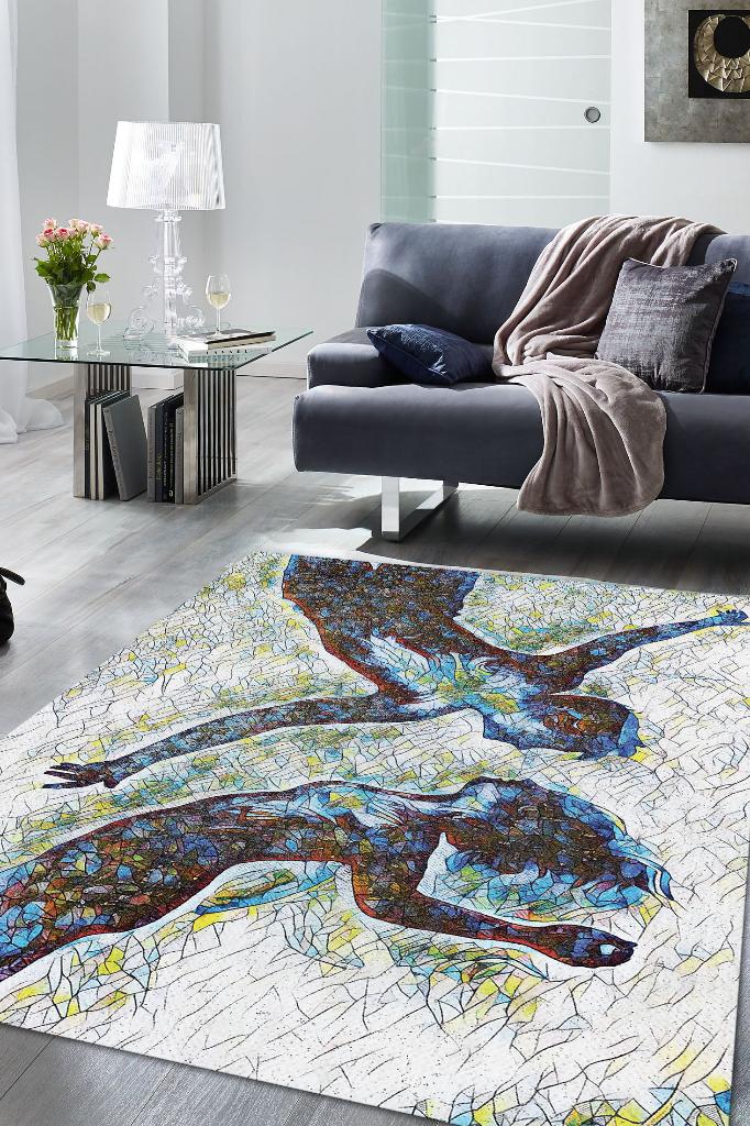 Kavuşma Geometrik Desenli Salon Halısı Çok Renkli Sevgi Halısı Aşk Temalı Sevgili Halısı