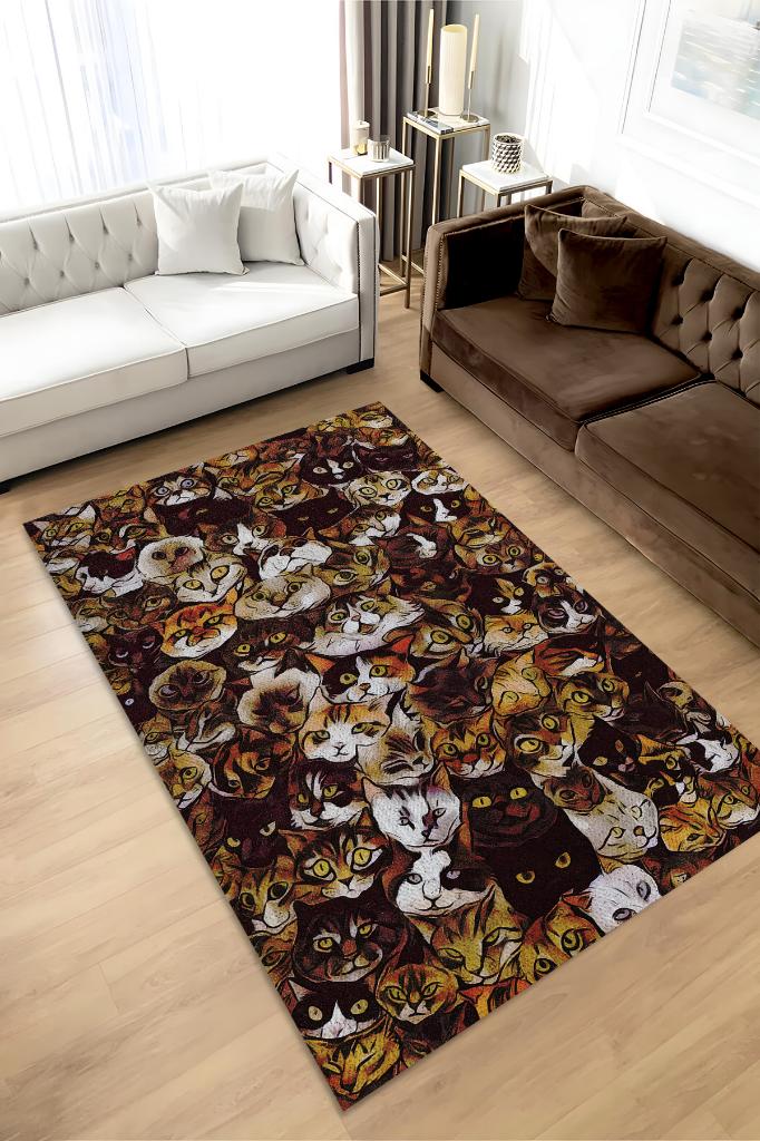 Kedi Kafası Kahverengi Halı Minimal Gen Odası Halısı Renkli Salon Halısı Kedili Halı