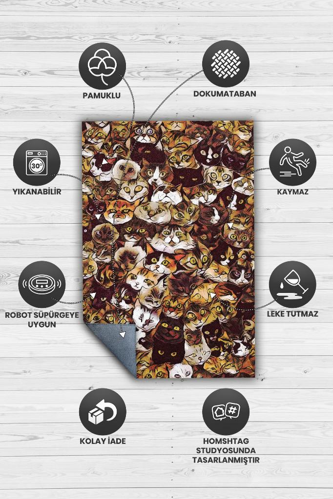 Kedi Kafası Kahverengi Halı Minimal Gen Odası Halısı Renkli Salon Halısı Kedili Halı