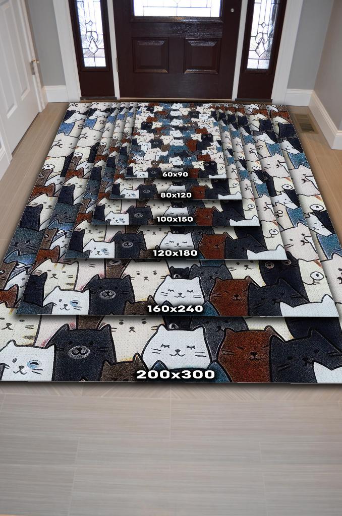 Kedi Yüzleri Mavi Renkli Halı Minimal Genç Odası Halısı Kedili Çocuk Odası Halısı