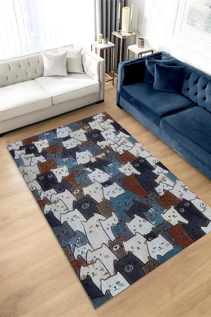 Kedi Yüzleri Mavi Renkli Halı Minimal Genç Odası Halısı Kedili Çocuk Odası Halısı