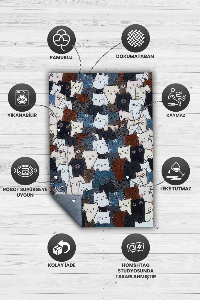 Kedi Yüzleri Mavi Renkli Halı Minimal Genç Odası Halısı Kedili Çocuk Odası Halısı