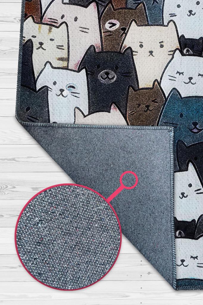 Kedi Yüzleri Mavi Renkli Halı Minimal Genç Odası Halısı Kedili Çocuk Odası Halısı