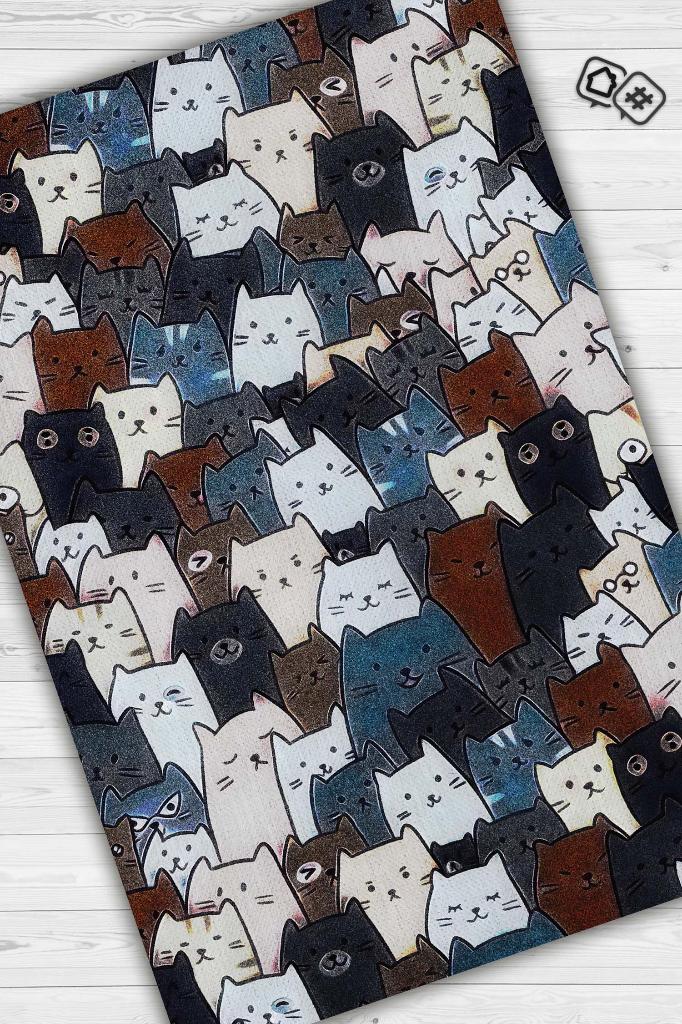 Kedi Yüzleri Mavi Renkli Halı Minimal Genç Odası Halısı Kedili Çocuk Odası Halısı