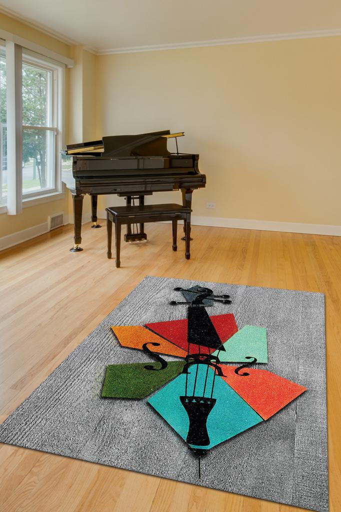 Keman Art Müzik Halısı Modern Müzik Halısı Keman Figürlü Renkli Modern Halı