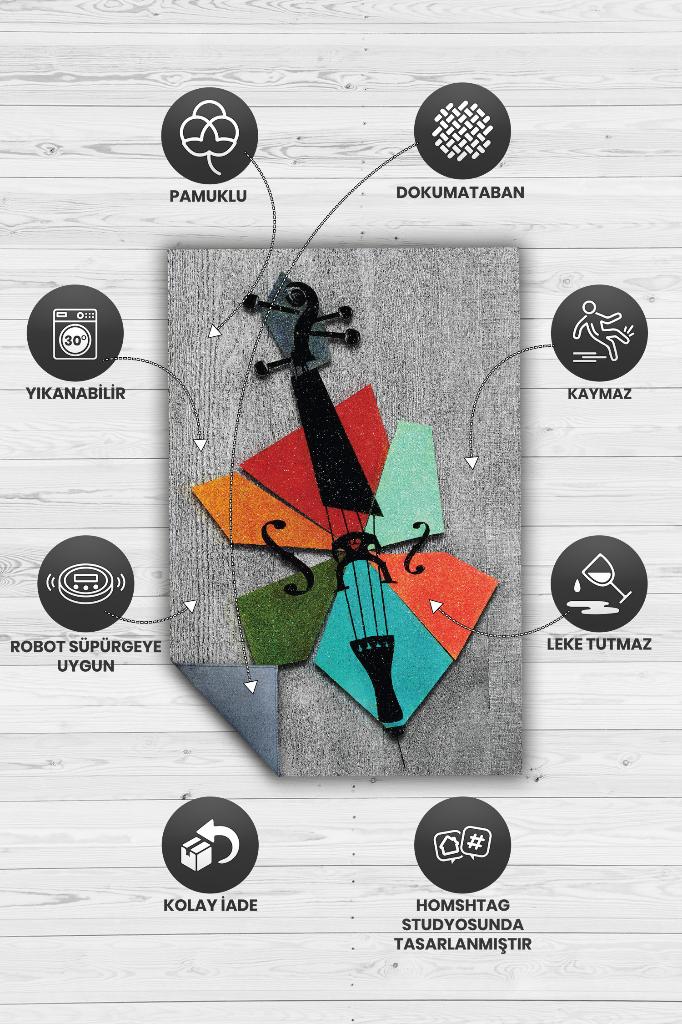 Keman Art Müzik Halısı Modern Müzik Halısı Keman Figürlü Renkli Modern Halı