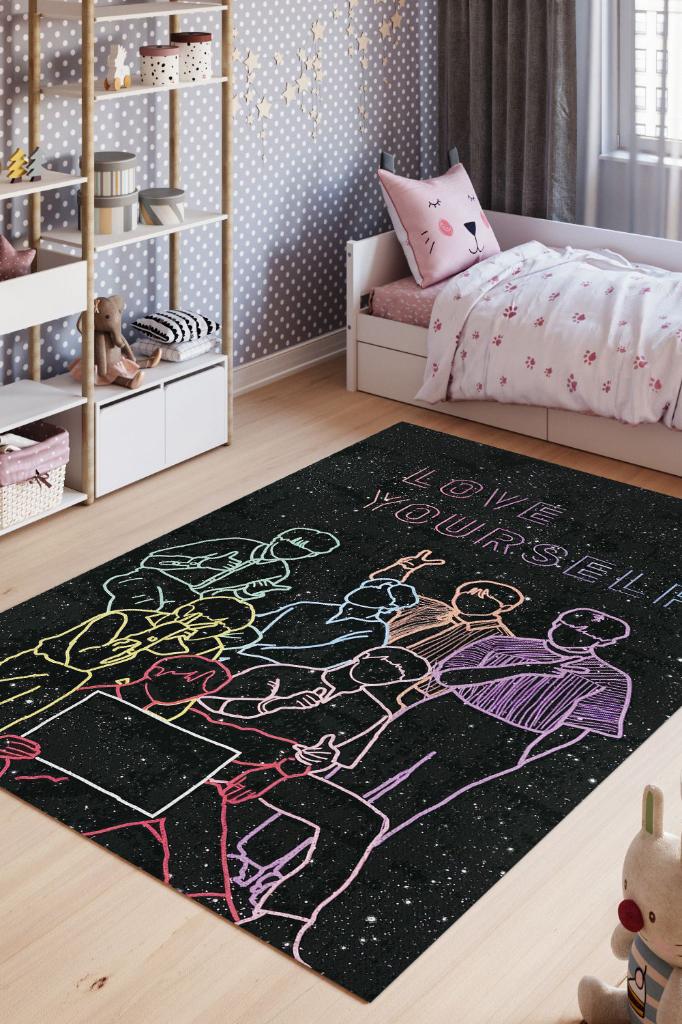 Kendini Sev Siyah Renkli Halı Modern Genç Odası Halısı Kpop Sever Genç Odası Halısı