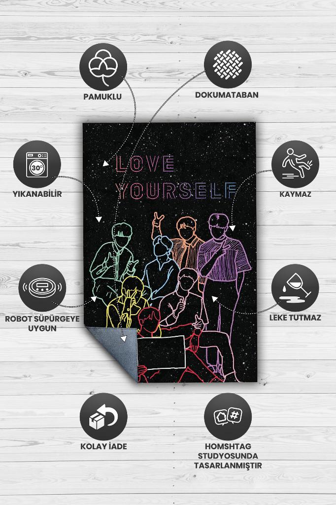 Kendini Sev Siyah Renkli Halı Modern Genç Odası Halısı Kpop Sever Genç Odası Halısı