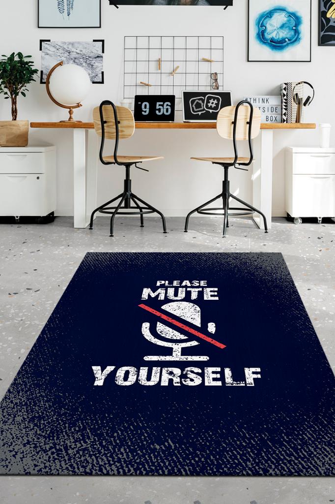 Kendini Sustur Lacivert Halı Gölgeli Ofis Halısı Düz Renkli Ofis Halısı Yazılı Home Office Halısı