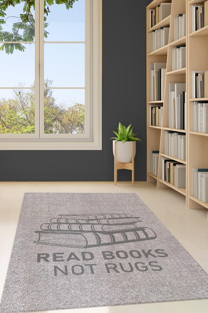 Kitap Oku Halı Değil Gri Renkli Kitap Sever Halısı Okuma Sever Çalışma Odası Halısı