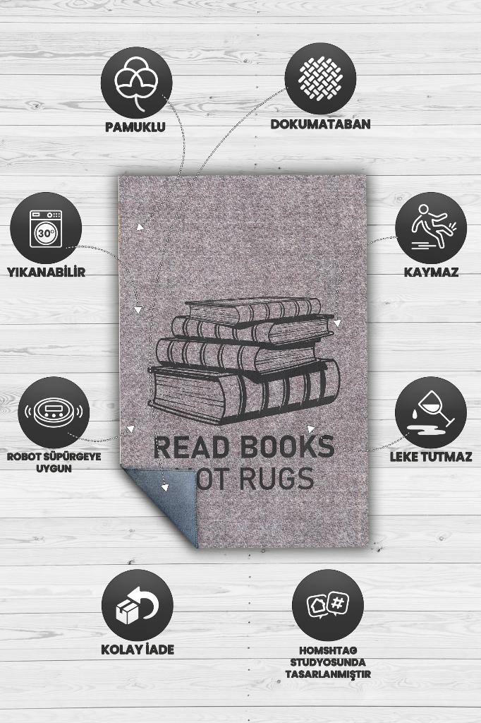 Kitap Oku Halı Değil Gri Renkli Kitap Sever Halısı Okuma Sever Çalışma Odası Halısı