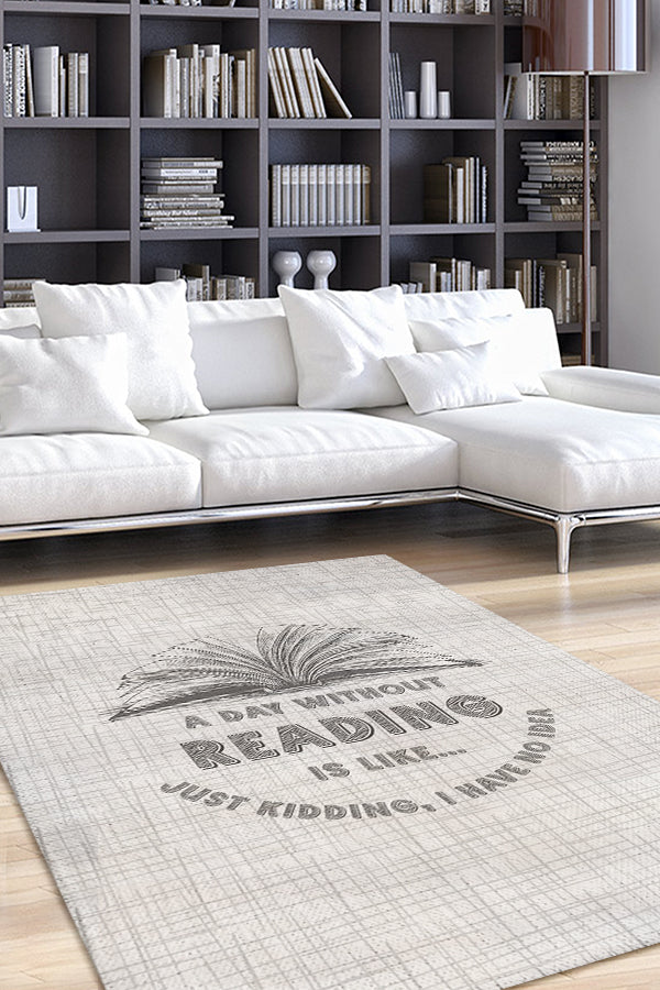Kitapsız Gün Düşünemem Beyaz Renkli Kitap Sever Halısı Okuma Sever Çalışma Odası Halısı
