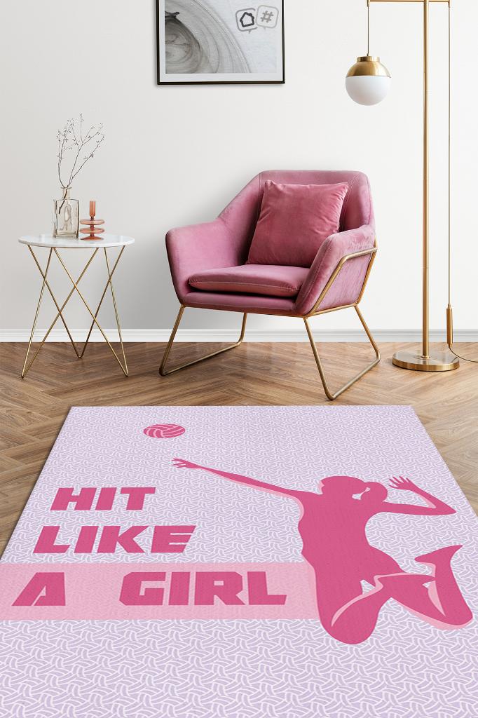 Kız Gibi Vur Çok Renkli Halı Voleybol Sever Halısı Spor Severler İçin Pembe Mor Halı