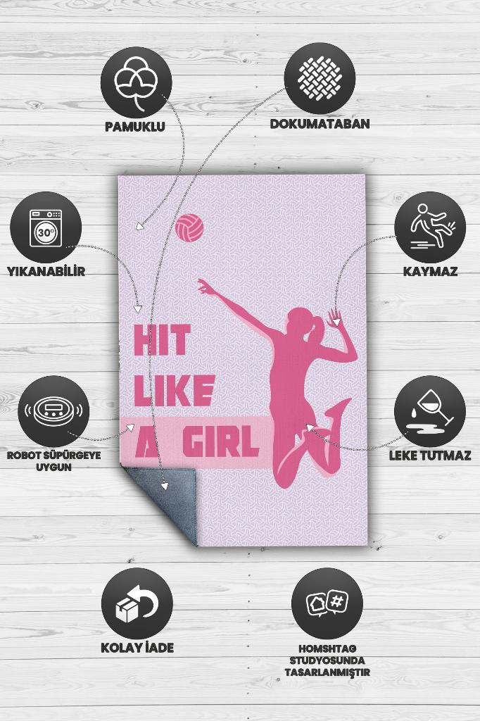Kız Gibi Vur Çok Renkli Halı Voleybol Sever Halısı Spor Severler İçin Pembe Mor Halı