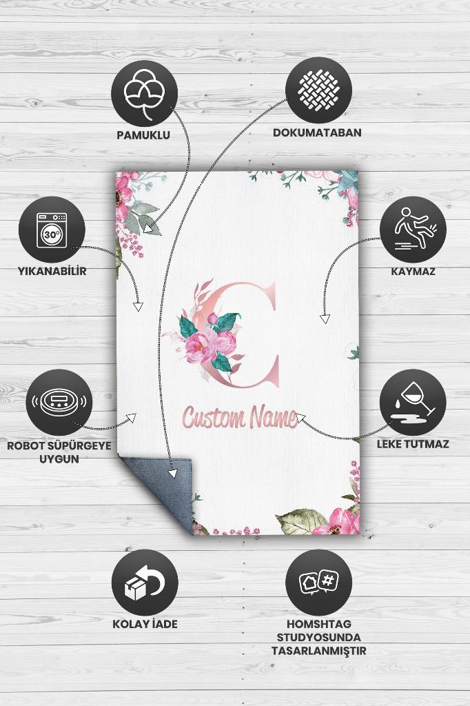 Kızımın İsmi Kişiye Özel Kişiselleştirilebilir Dokuma Tabanlı Yıkanabilir Dekoratif Ev Halısı