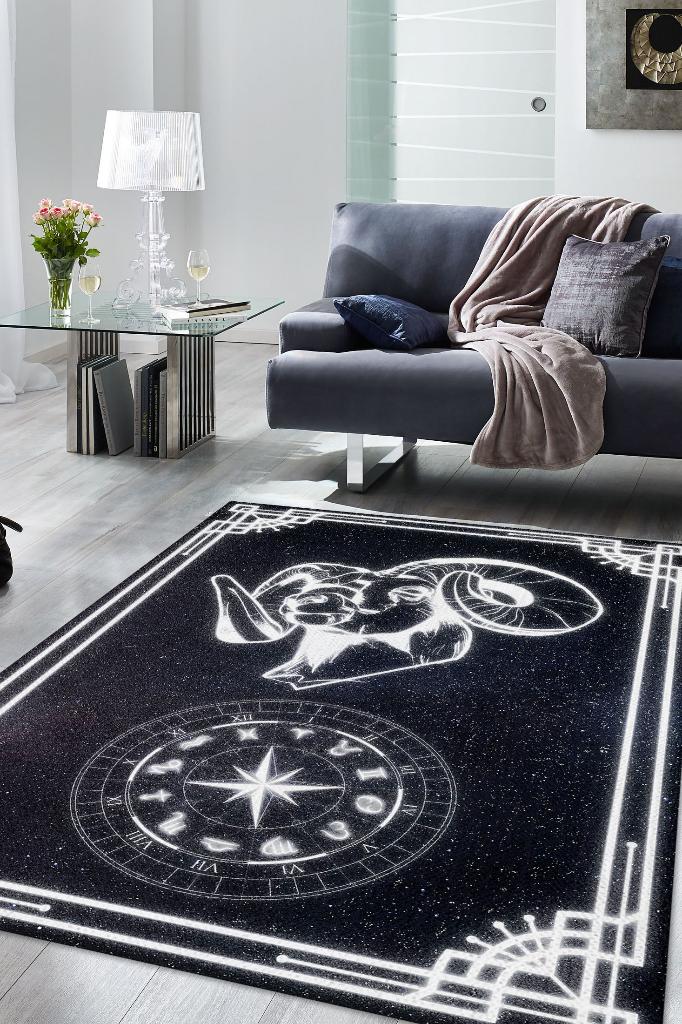 Koç Burcu Astroloji Temalı Halı Burç Halısı Koç Burcuna Hediyelik Halı Siyah Renkli Halı