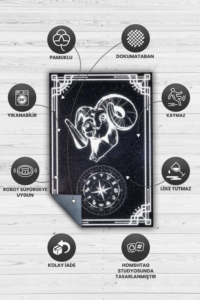 Koç Burcu Astroloji Temalı Halı Burç Halısı Koç Burcuna Hediyelik Halı Siyah Renkli Halı