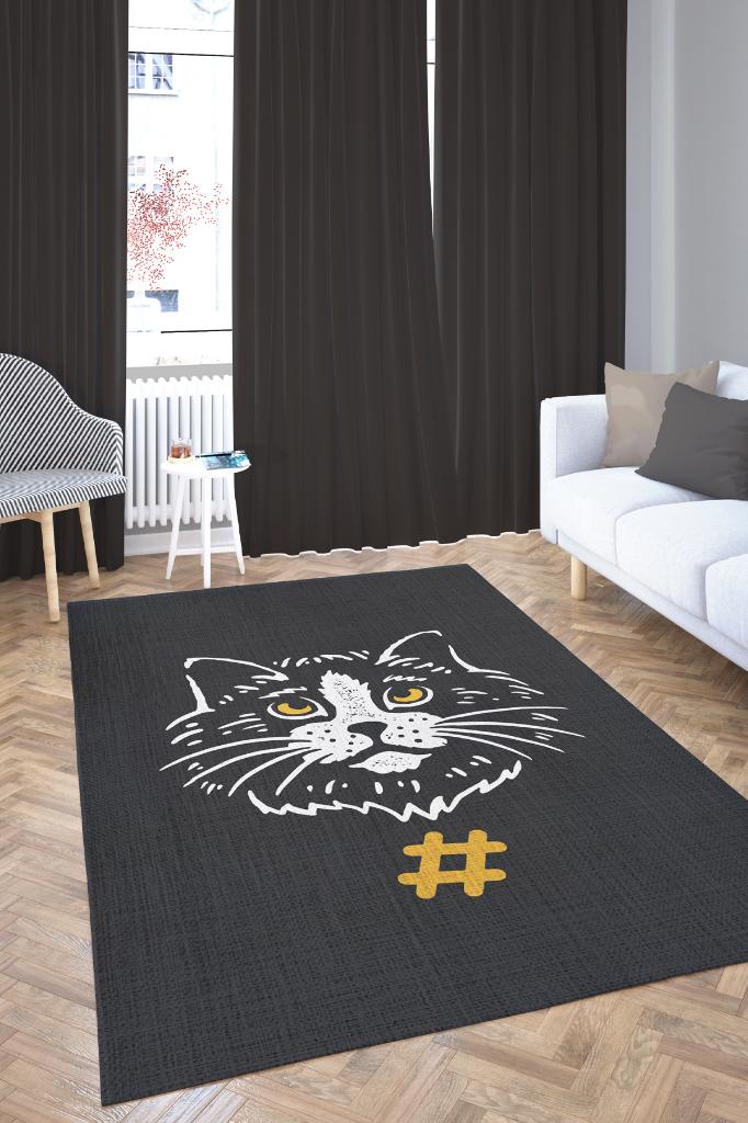 Kolye Hashtag Siyah Gri Salon Halısı Etnik Desenli Halı Kedi Figürlü Oturma Odası Halısı
